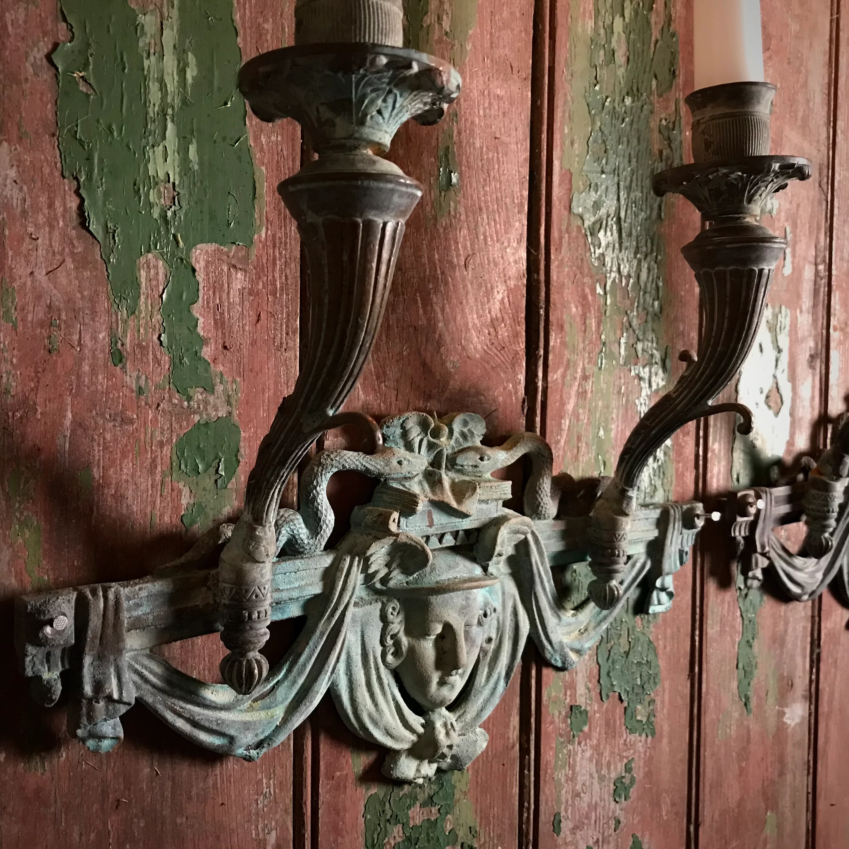 French Verdigris Bronze Mercury Wall Sconces - Image 7