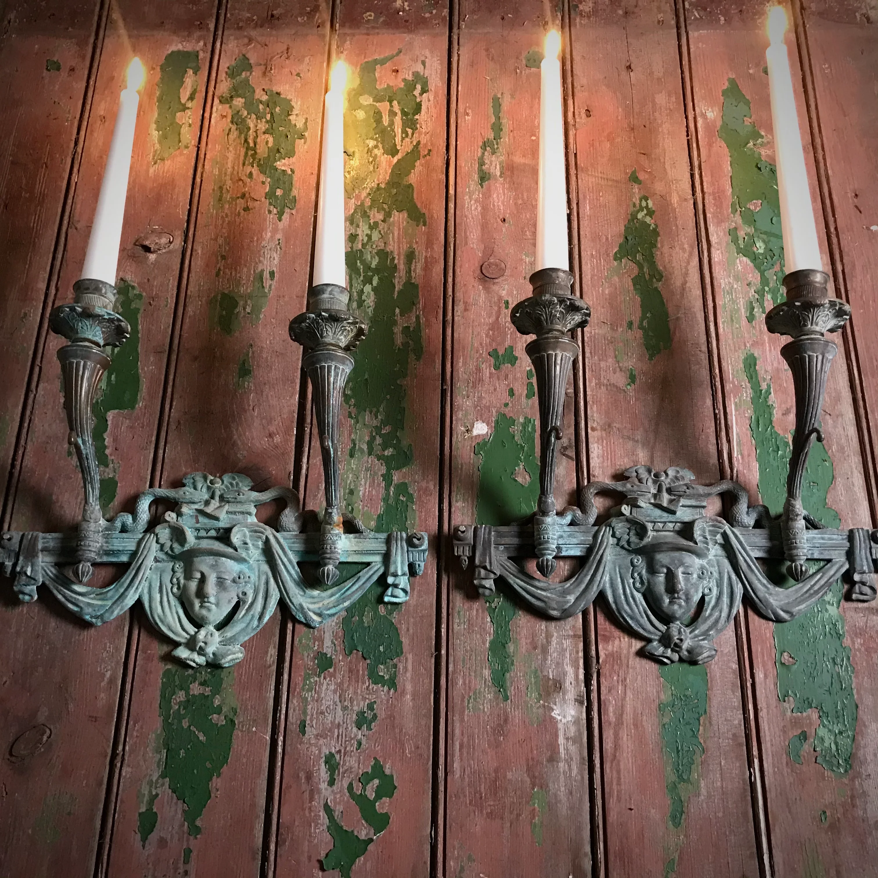 French Verdigris Bronze Mercury Wall Sconces - Image 8