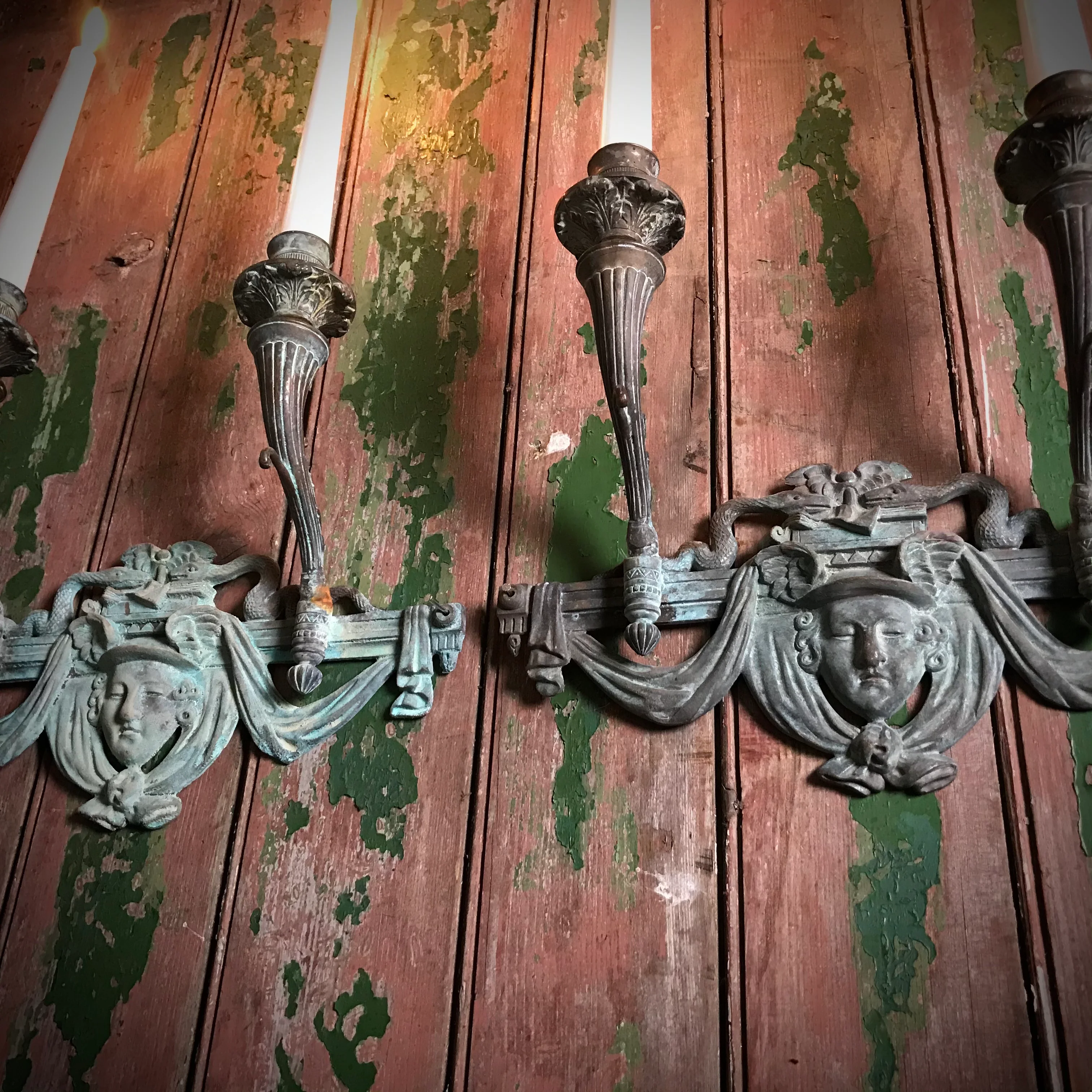 French Verdigris Bronze Mercury Wall Sconces - Image 9