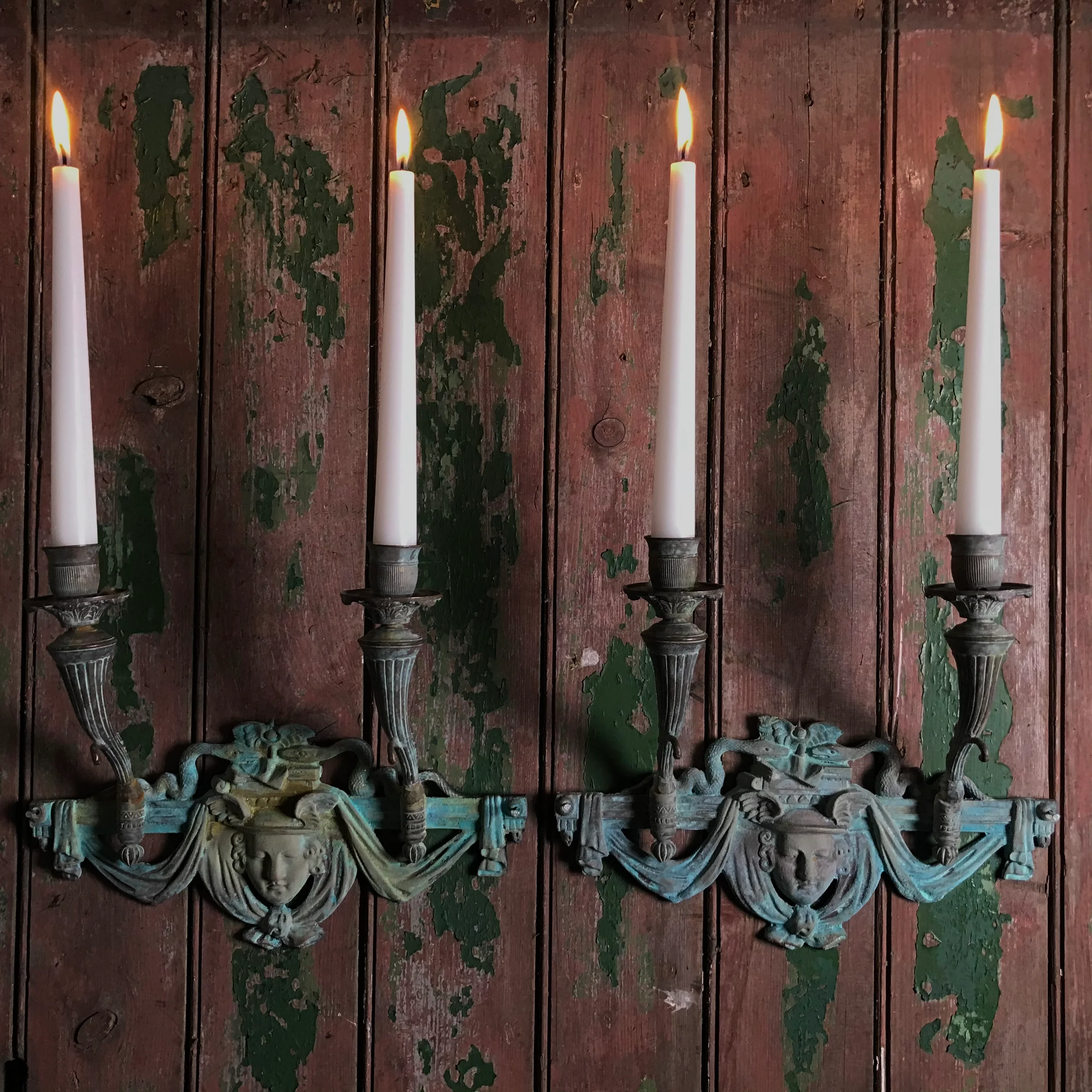 French Verdigris Bronze Mercury Wall Sconces Pair II - Image 10