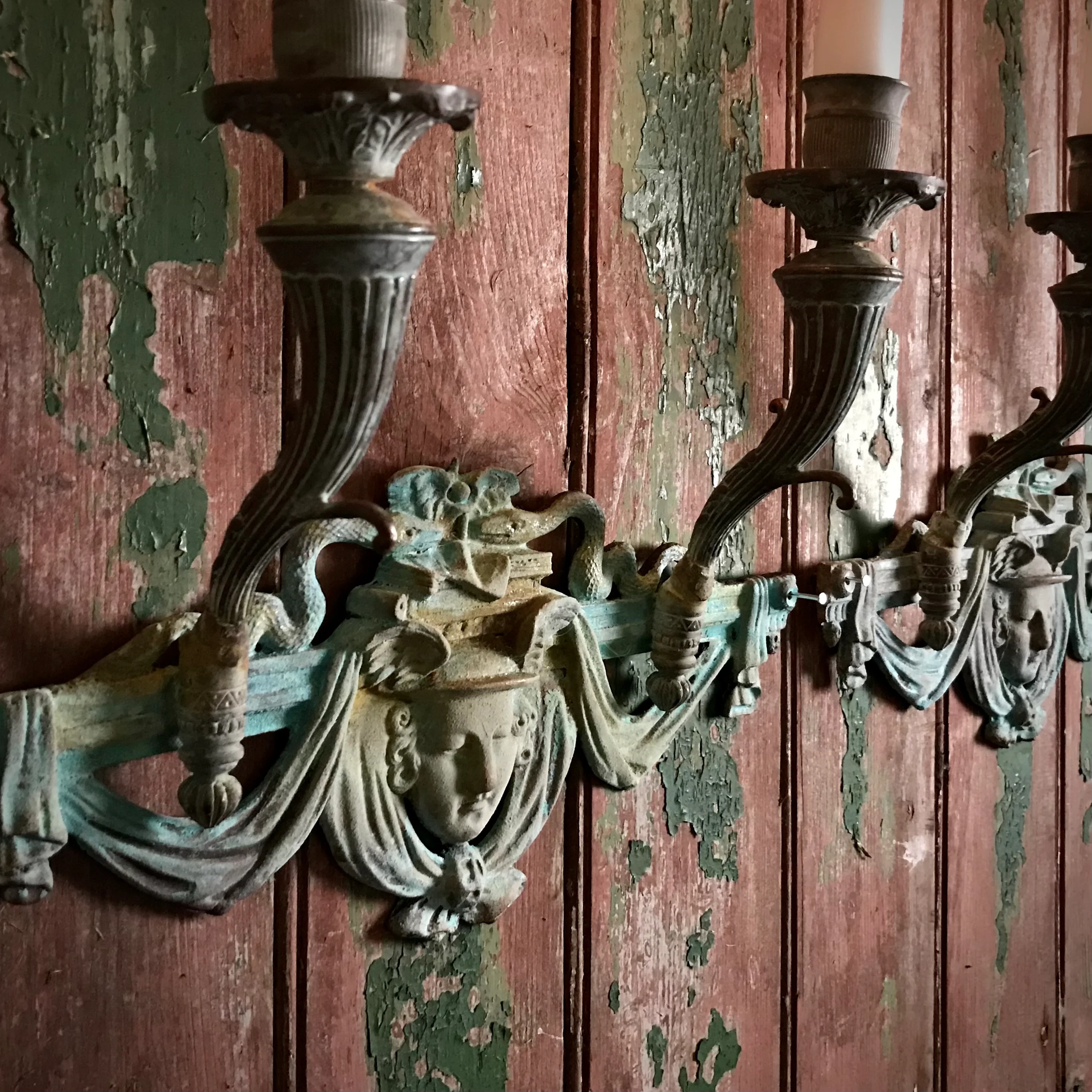 French Verdigris Bronze Mercury Wall Sconces Pair II - Image 3