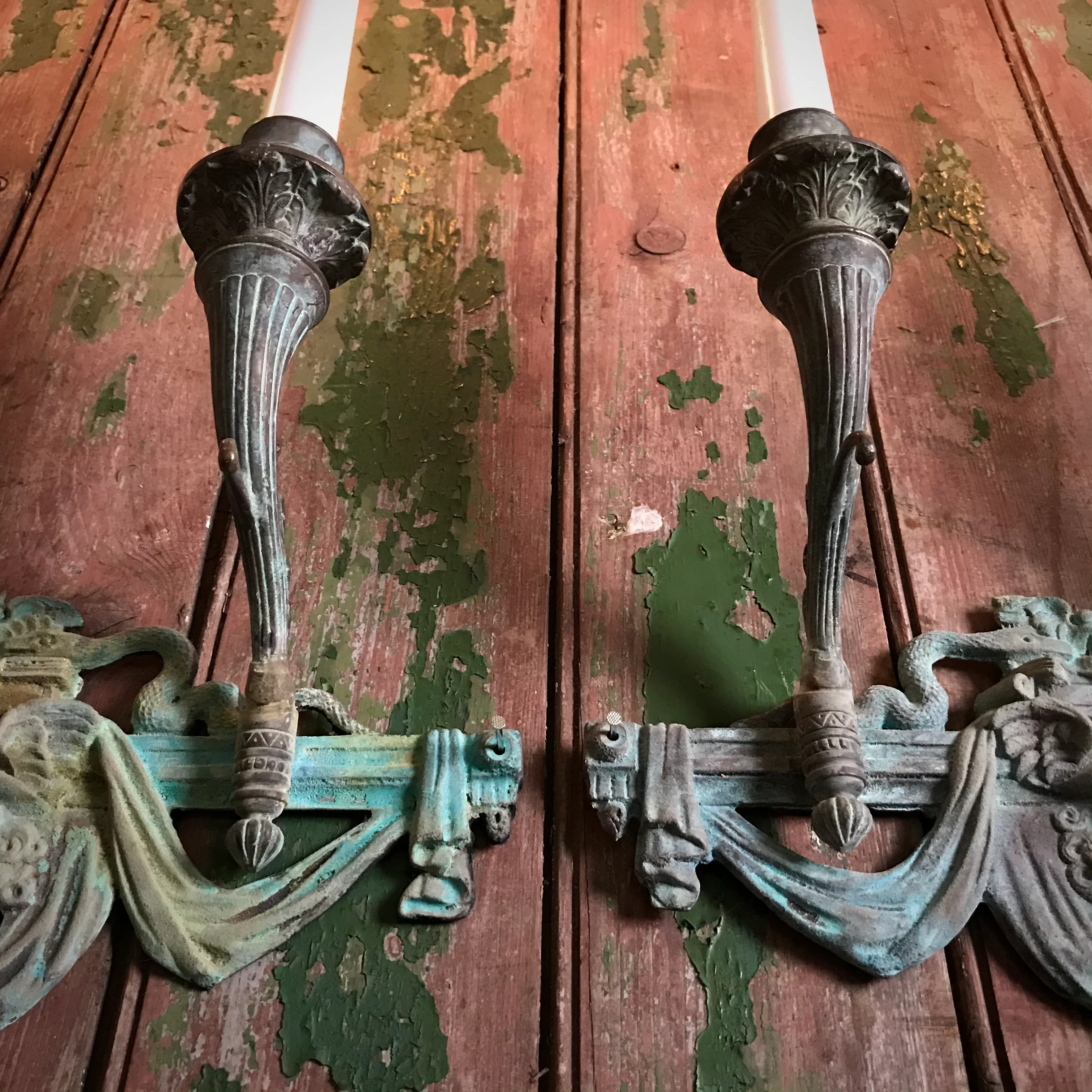French Verdigris Bronze Mercury Wall Sconces Pair II - Image 4