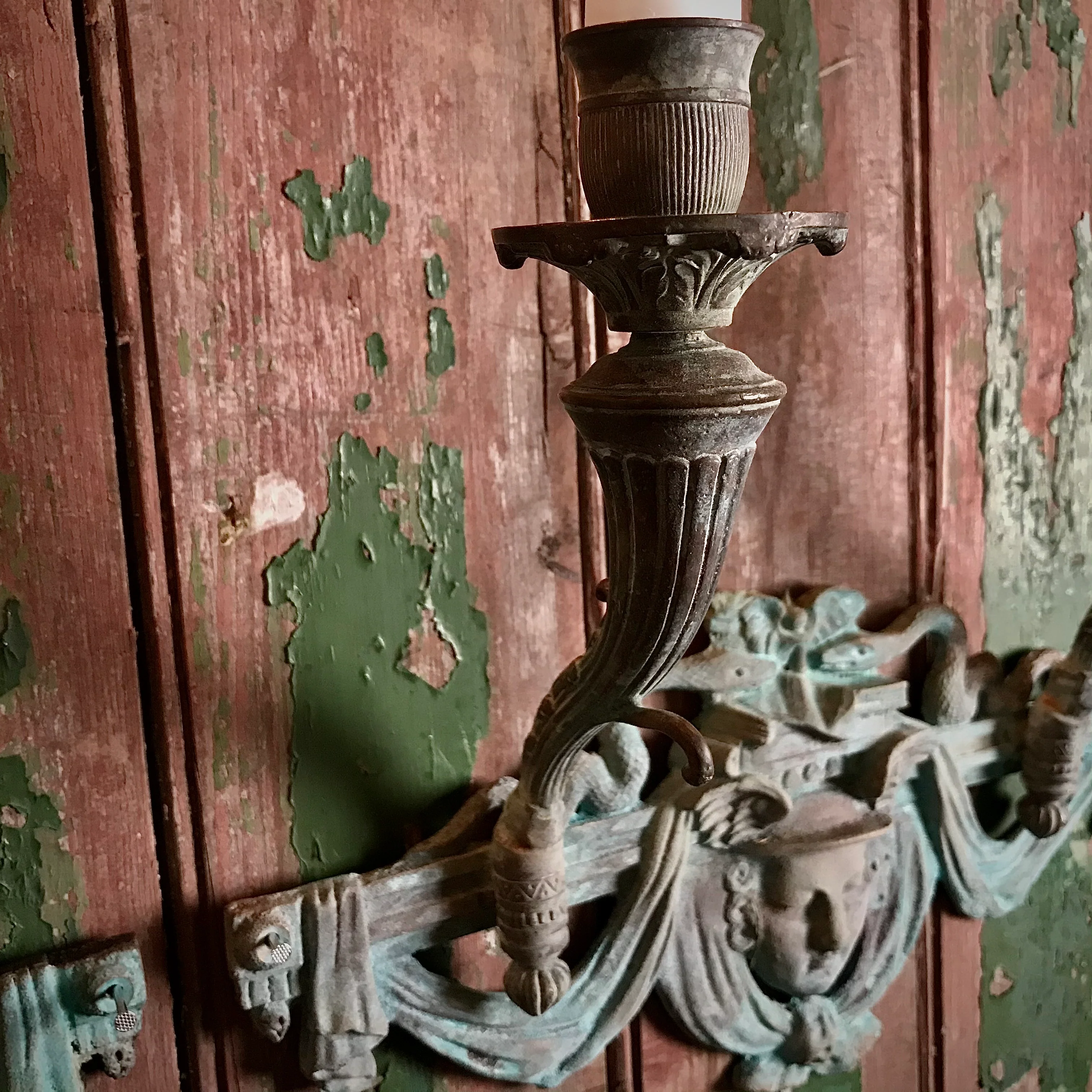 French Verdigris Bronze Mercury Wall Sconces Pair II - Image 6
