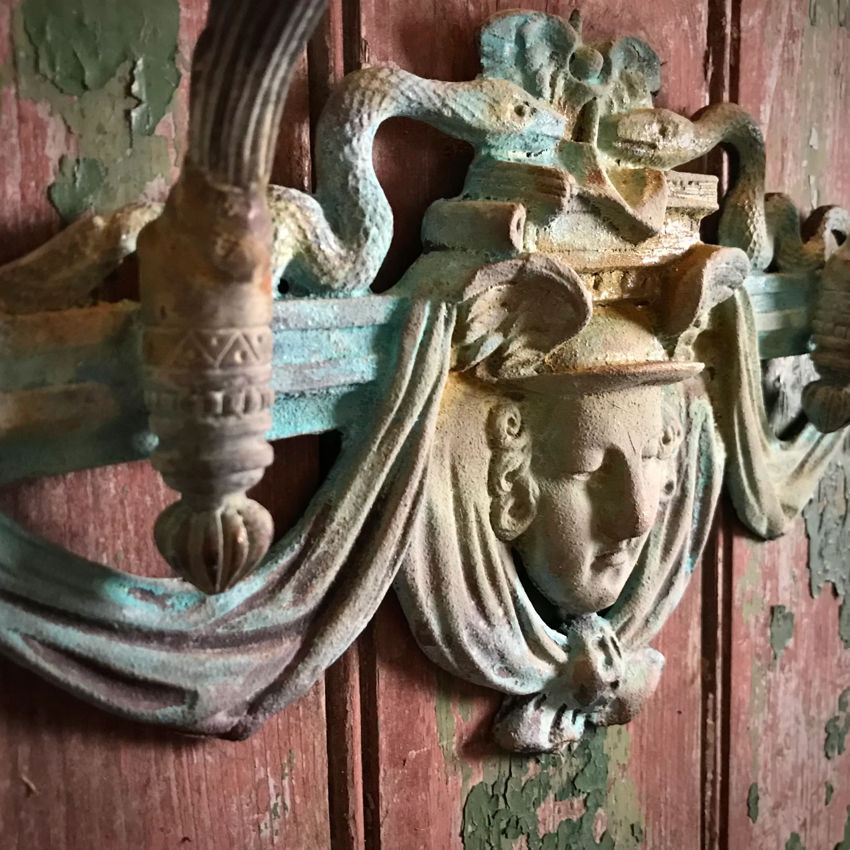 French Verdigris Bronze Mercury Wall Sconces Pair II - Image 7