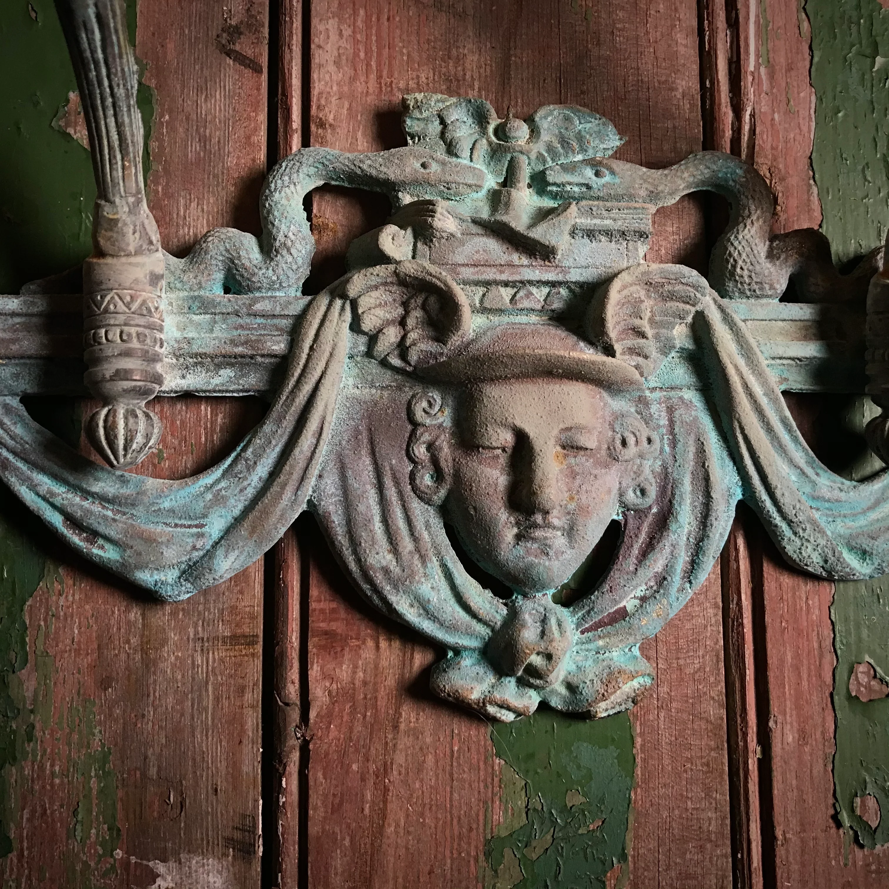 French Verdigris Bronze Mercury Wall Sconces Pair II - Image 8