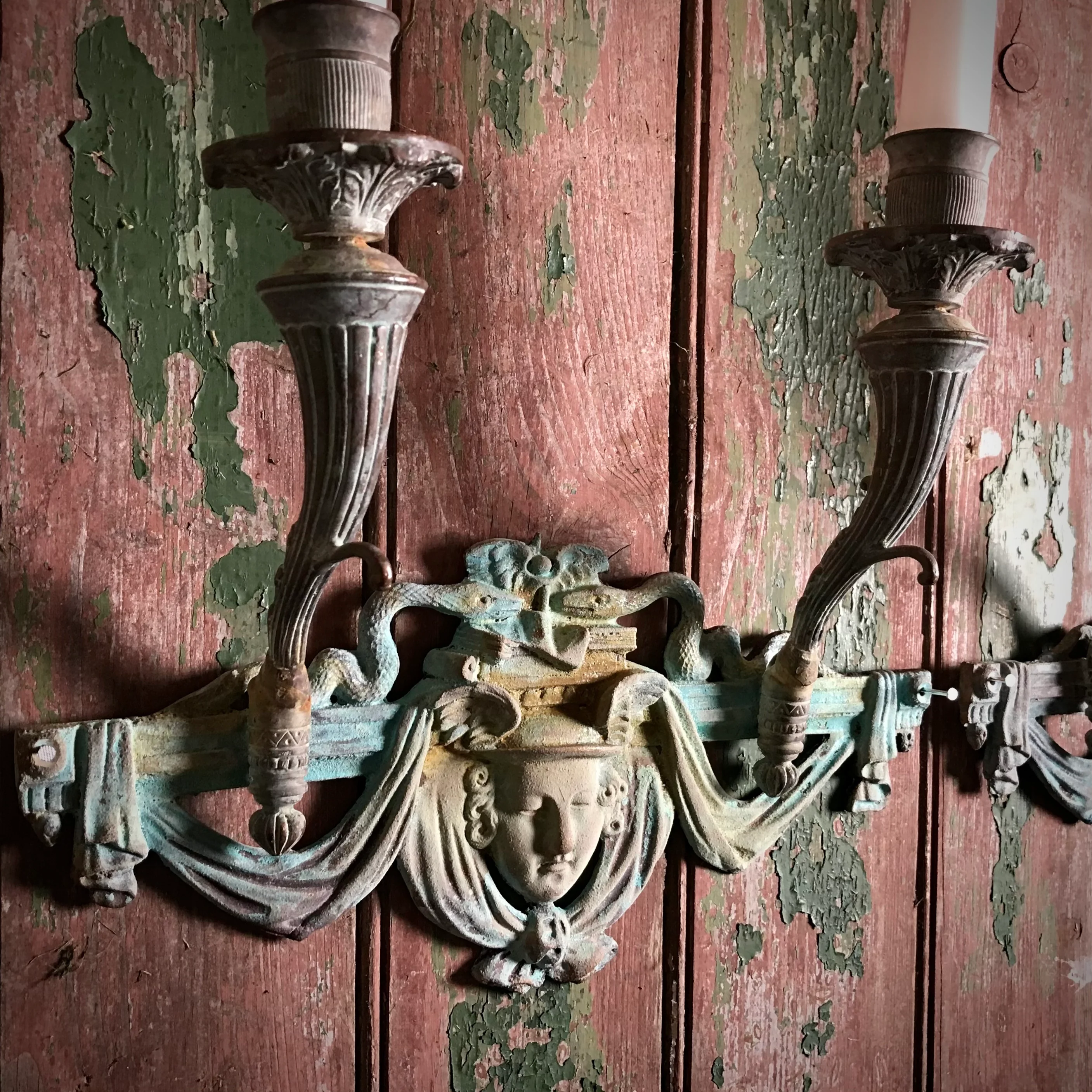 French Verdigris Bronze Mercury Wall Sconces Pair II - Image 9