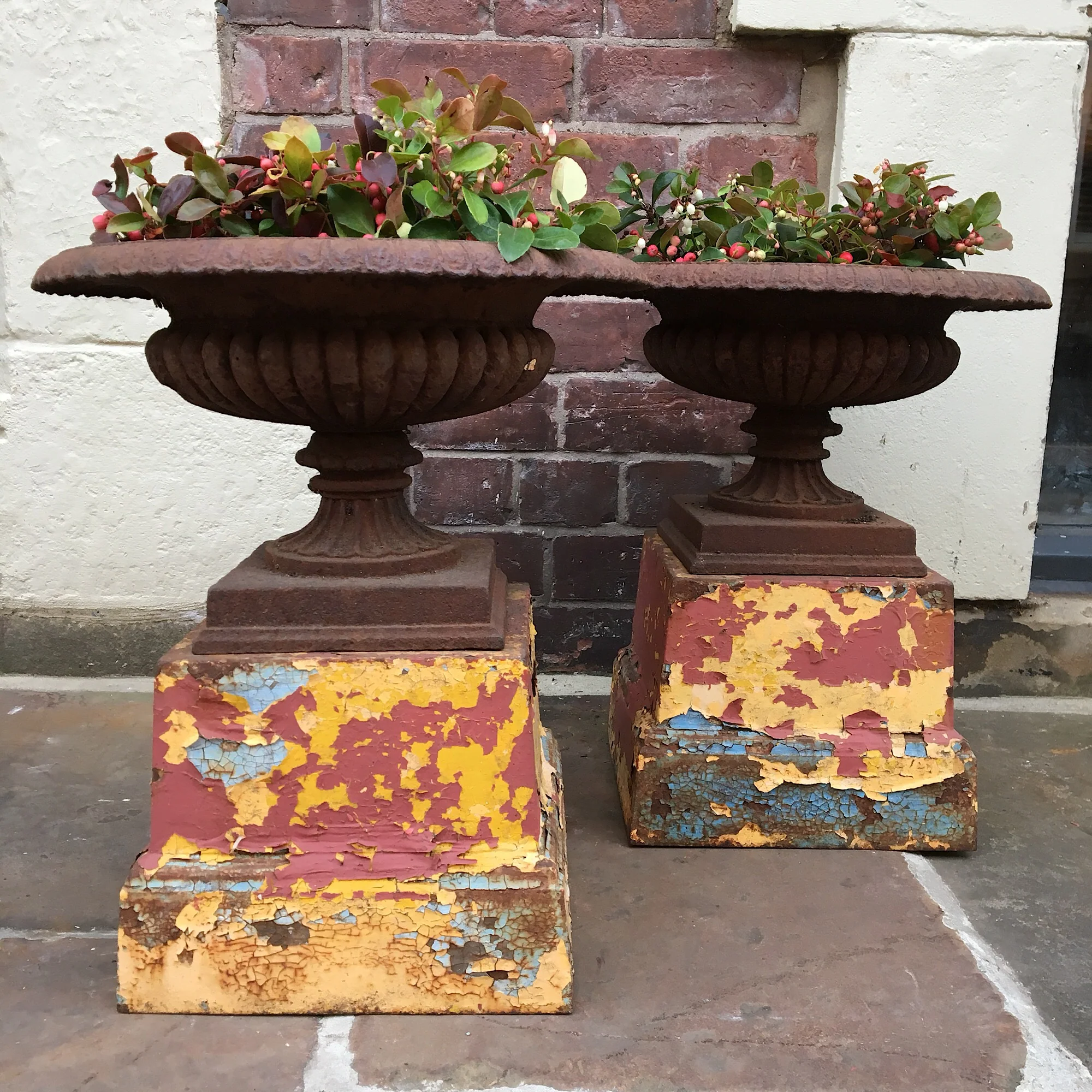 Pair of Cast Urns on Coloured Pedestals - Image 3