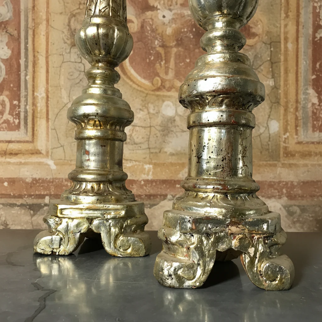 Pair of Italian Silver-Leaf Mecca Altar Pricket Candlesticks c.1750 - Image 3