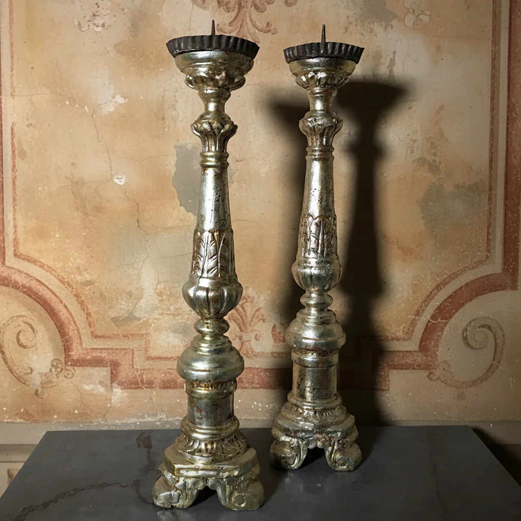 Pair of Italian Silver-Leaf Mecca Altar Pricket Candlesticks c.1750 - Image 5