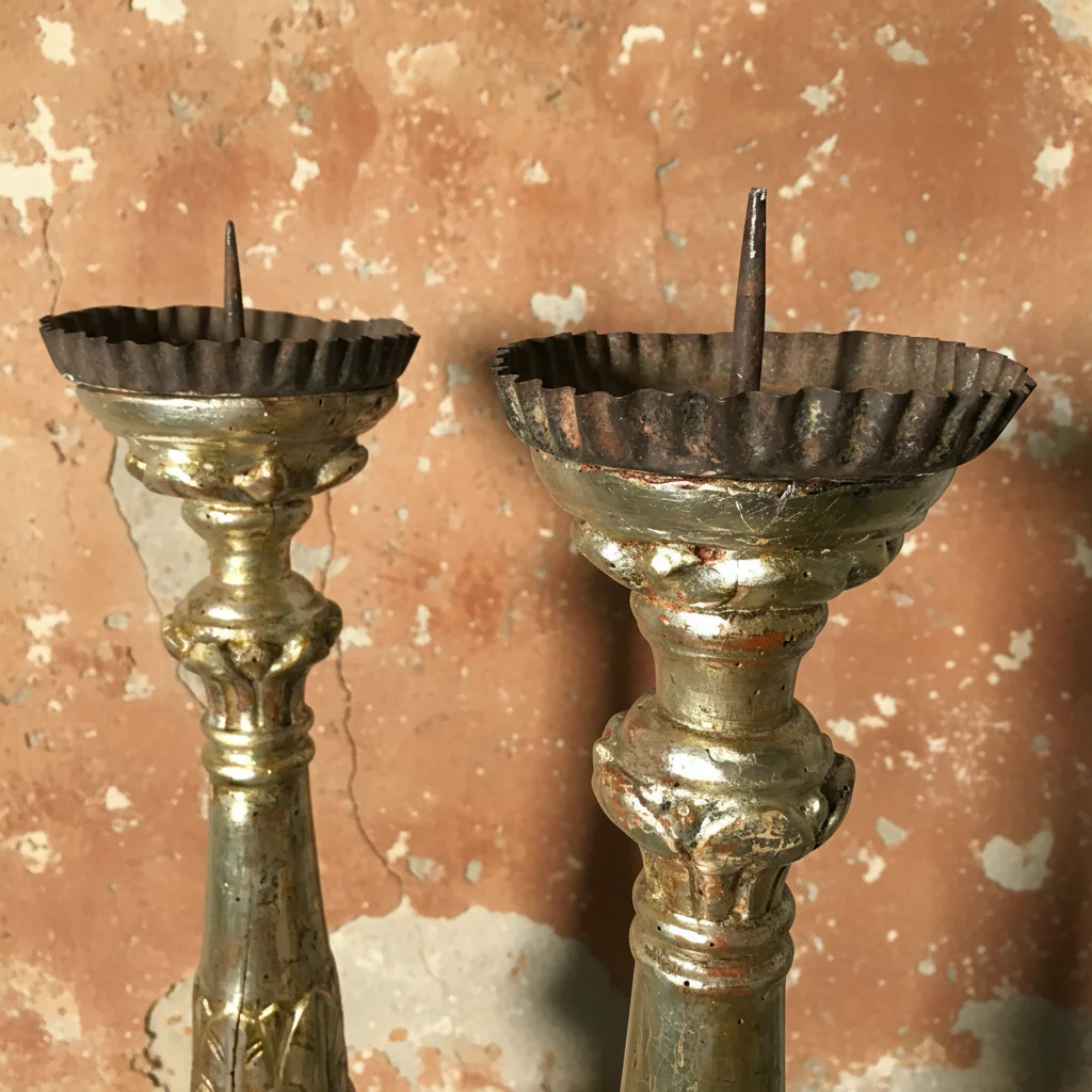 Pair of Italian Silver-Leaf Mecca Altar Pricket Candlesticks c.1750 - Image 6