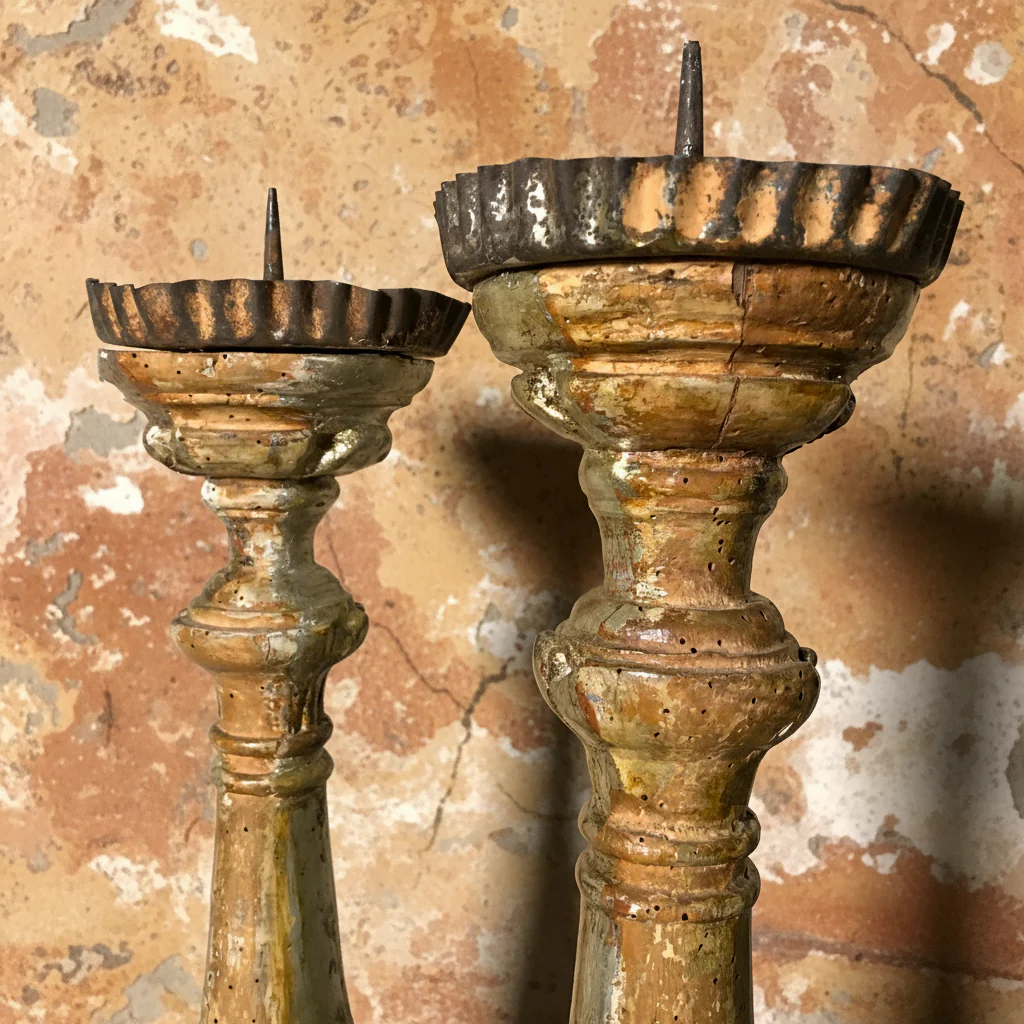 Pair of Italian Silver-Leaf Mecca Altar Pricket Candlesticks c.1750 - Image 7