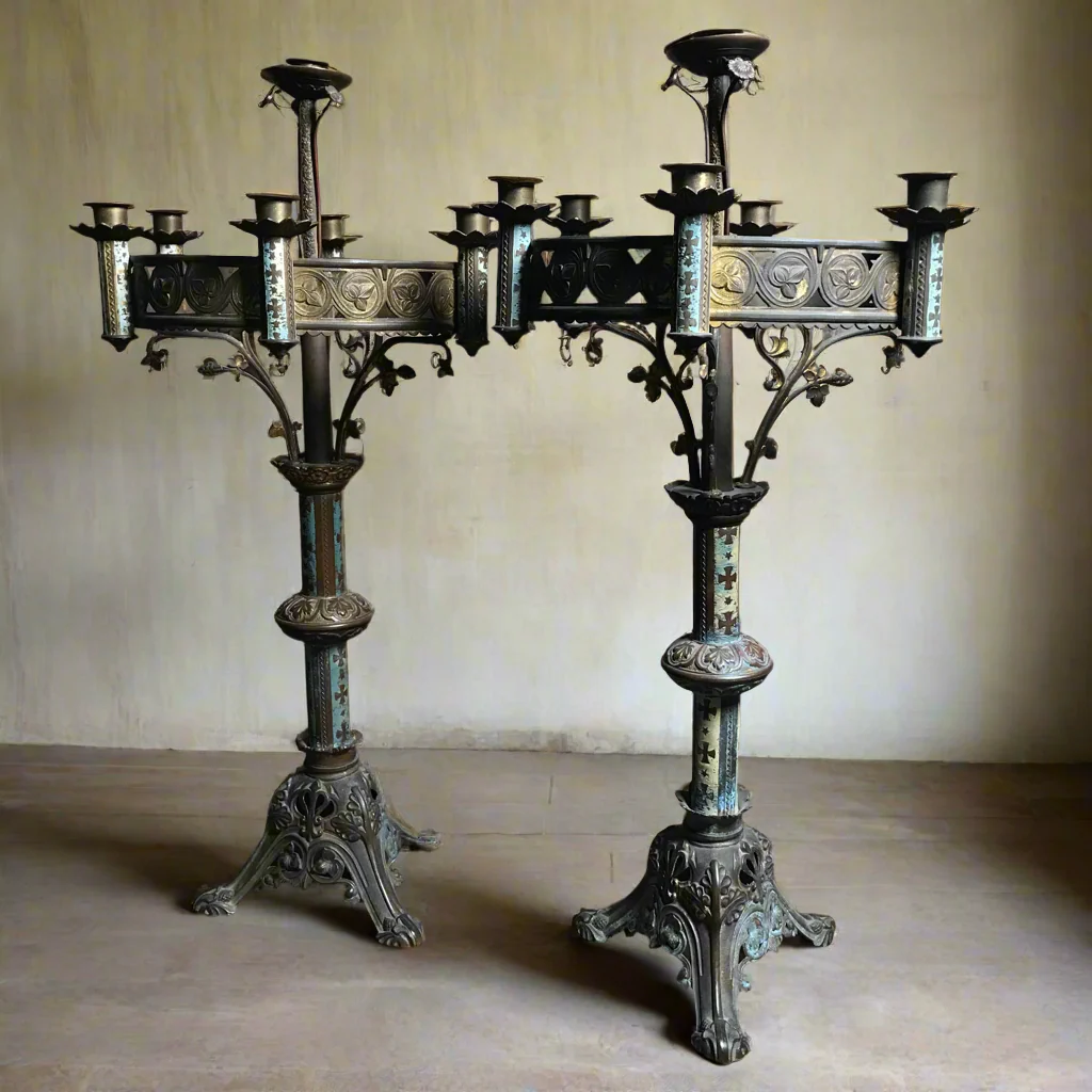 Pair of French Neo-Gothic Altar Candelabra c.1860 - Image 4